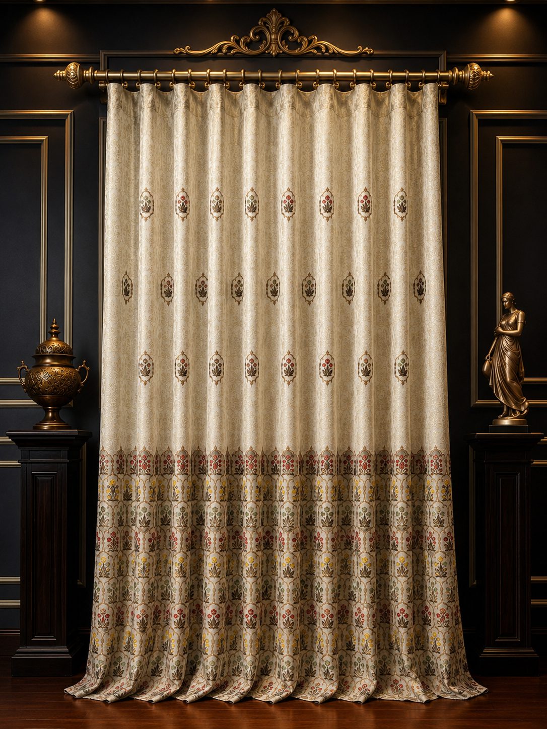 Designer curtain panel with ornate border