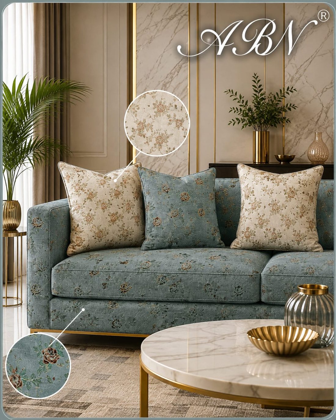 Sofa upholstered in ABN jacquard fabric
