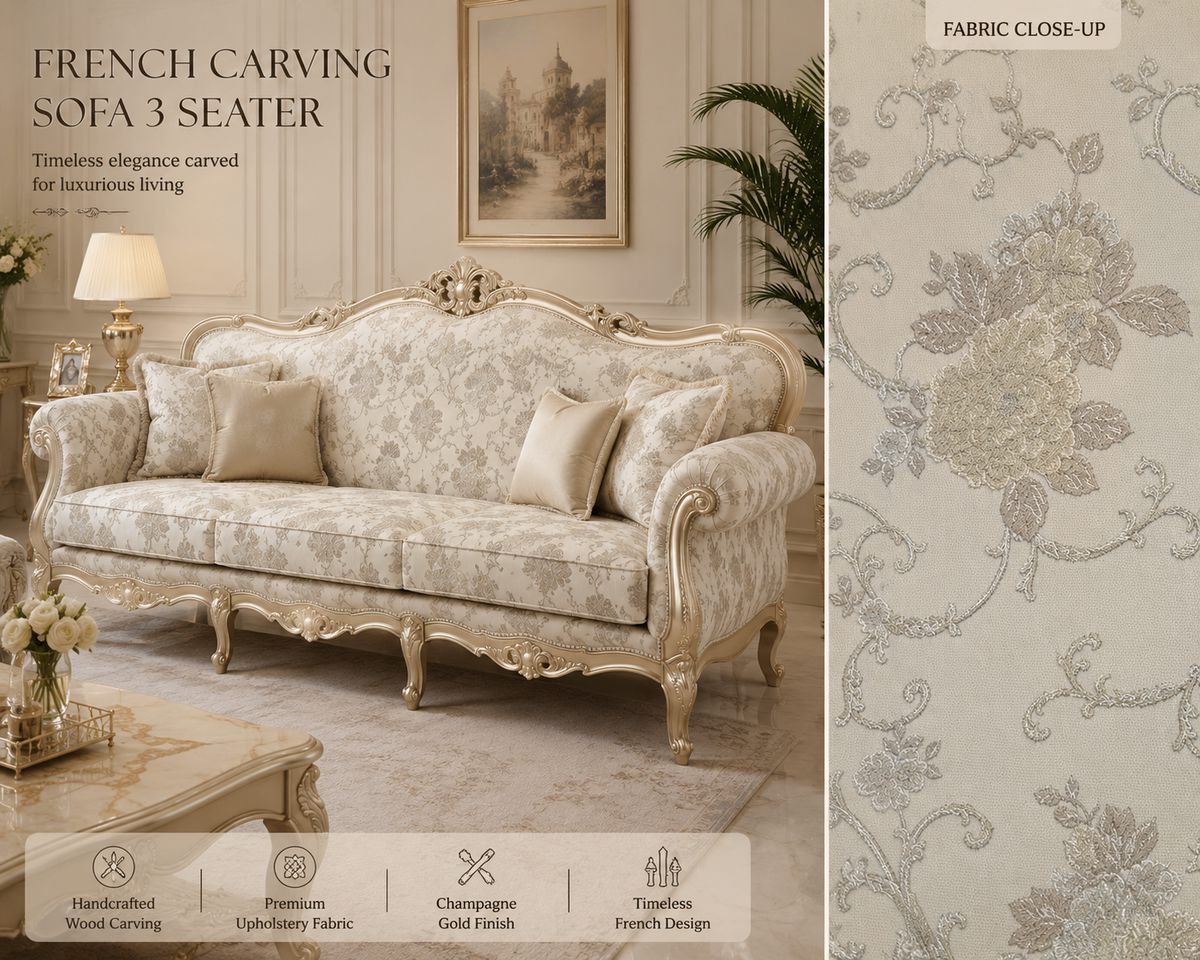 French carving sofa mock-up with fabric close-up